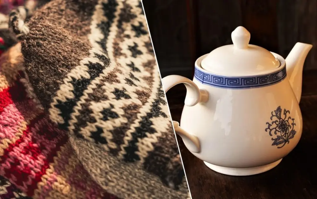 Funda de tetera tejida con viejo gorro: el agua no se enfría por 2 horas – ideal para tomar té en casa